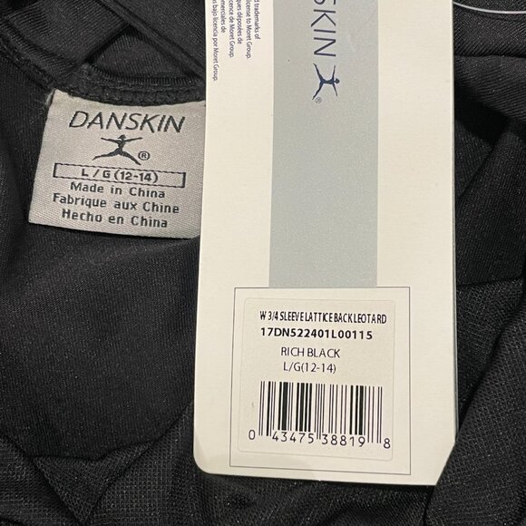 (NWT) DANSKIN Leotard 3/4 Sleeve Lattice Back, Black - L 12/14 - Picture 6 of 10